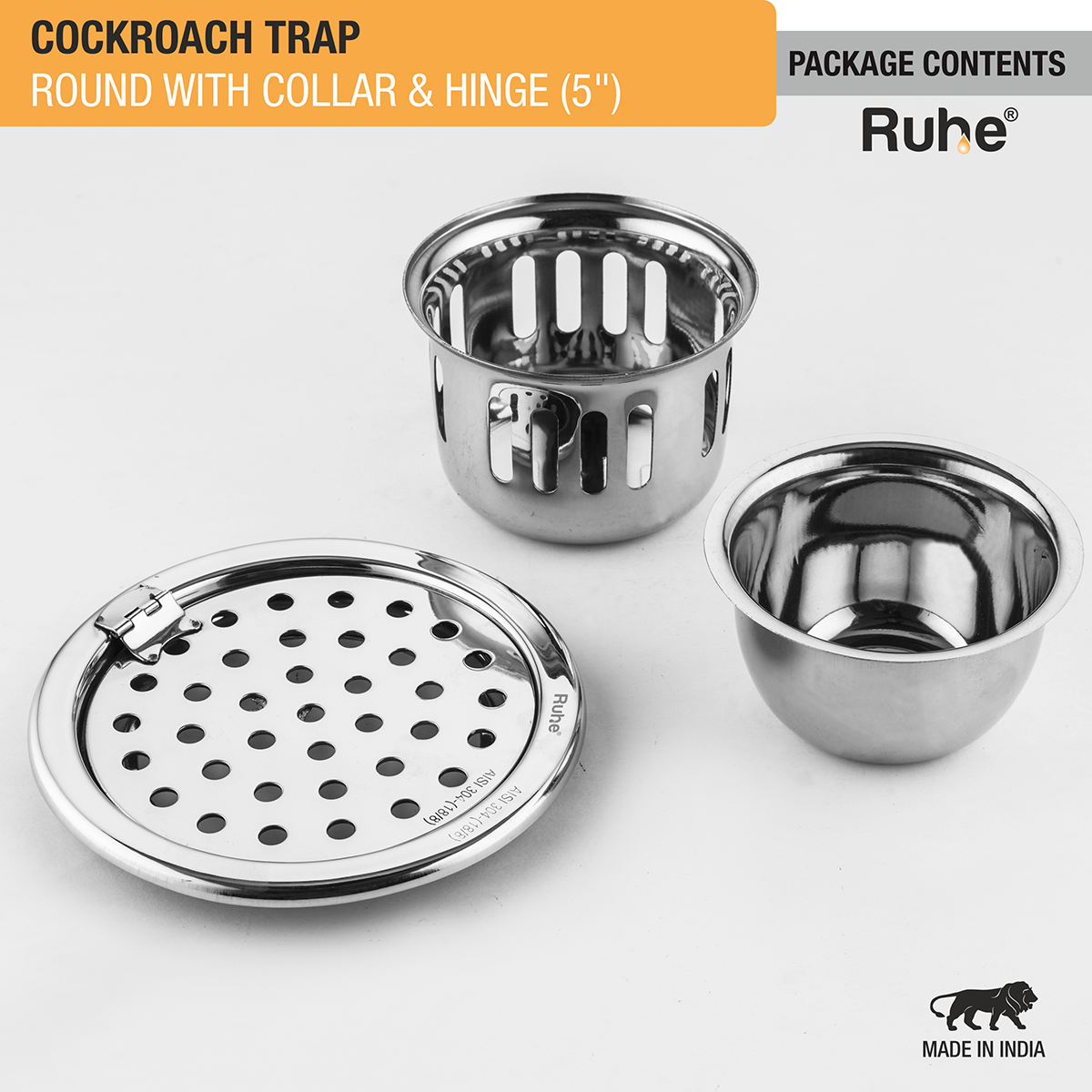 Round 304-Grade Floor Drain with Collar, Hinge & Cockroach Trap (5 Inches) -  by Ruhe