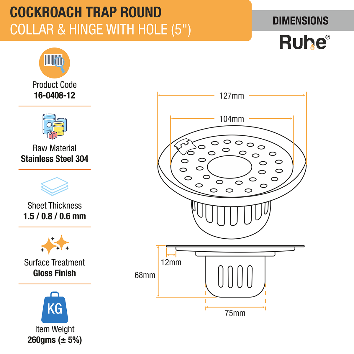 Round 304-Grade Floor Drain with Collar, Hinge, Hole & Cockroach Trap (5 Inches) -  by Ruhe