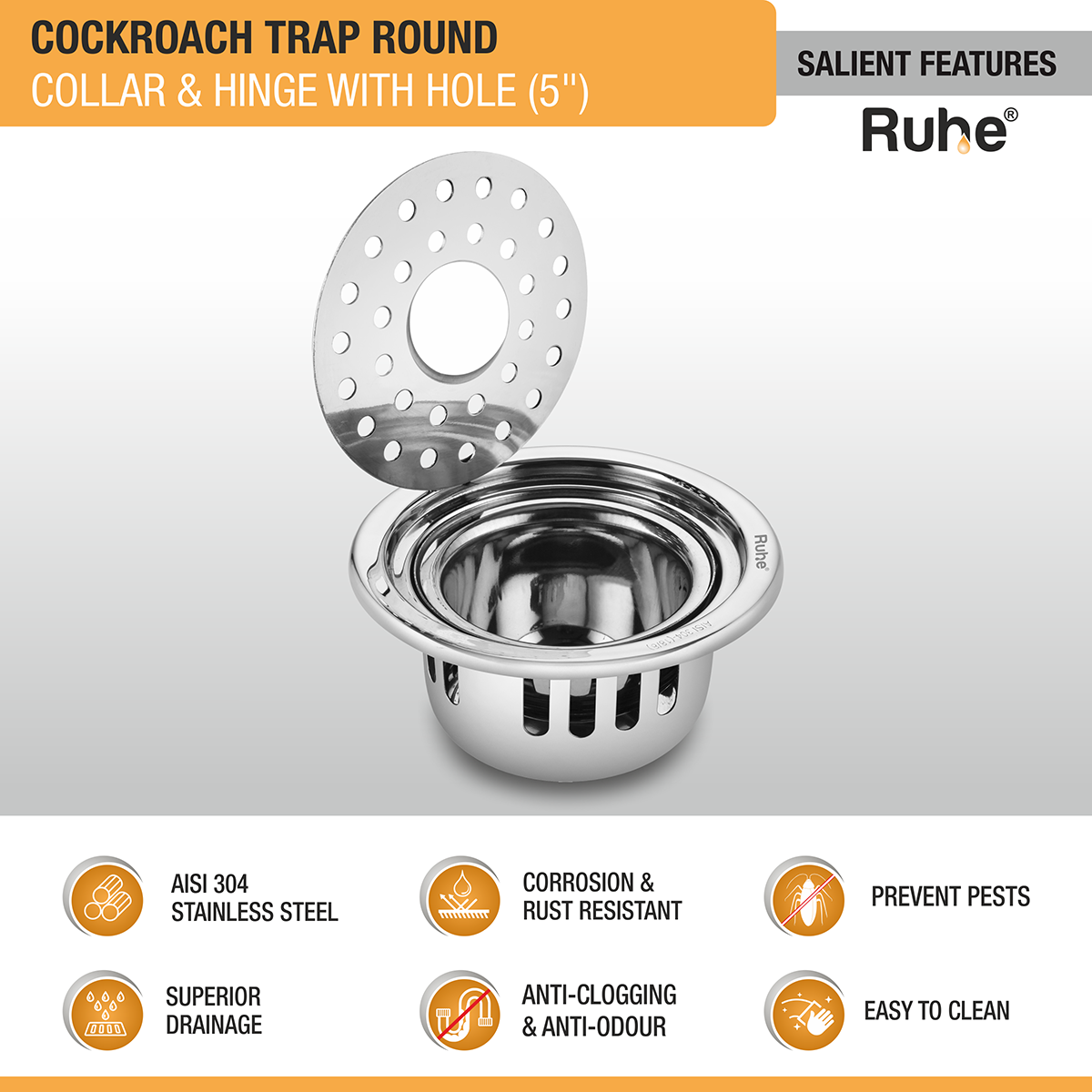 Round 304-Grade Floor Drain with Collar, Hinge, Hole & Cockroach Trap (5 Inches) -  by Ruhe