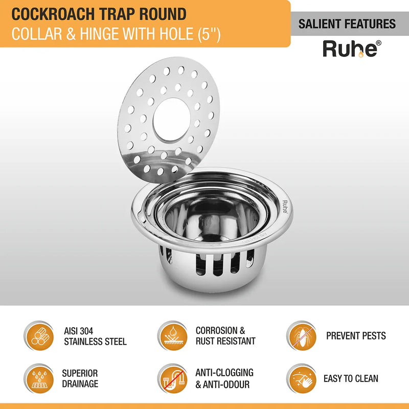 Round 304-Grade Floor Drain with Collar, Hinge, Hole & Cockroach Trap (5 Inches) - by Ruhe
