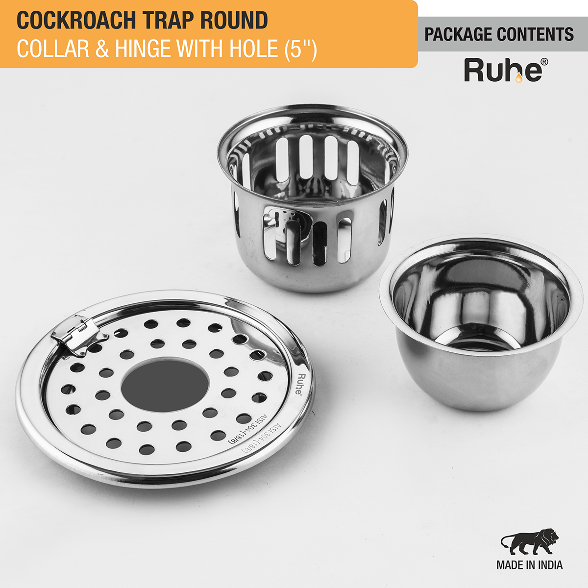 Round 304-Grade Floor Drain with Collar, Hinge, Hole & Cockroach Trap (5 Inches) -  by Ruhe