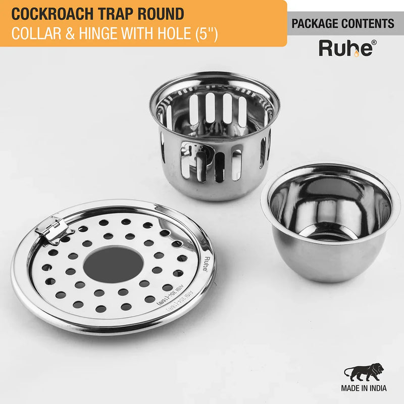Round 304-Grade Floor Drain with Collar, Hinge, Hole & Cockroach Trap (5 Inches) - by Ruhe