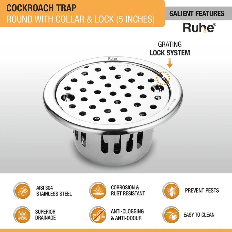 Round 304-Grade Floor Drain with Collar, Lock & Cockroach Trap (5 Inches) - by Ruhe