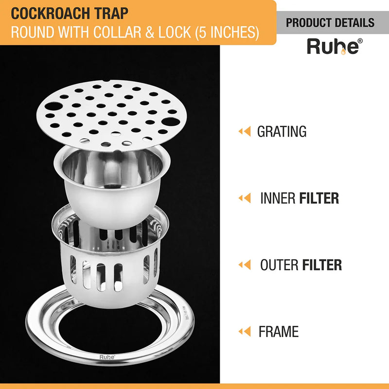 Round 304-Grade Floor Drain with Collar, Lock & Cockroach Trap (5 Inches) - by Ruhe