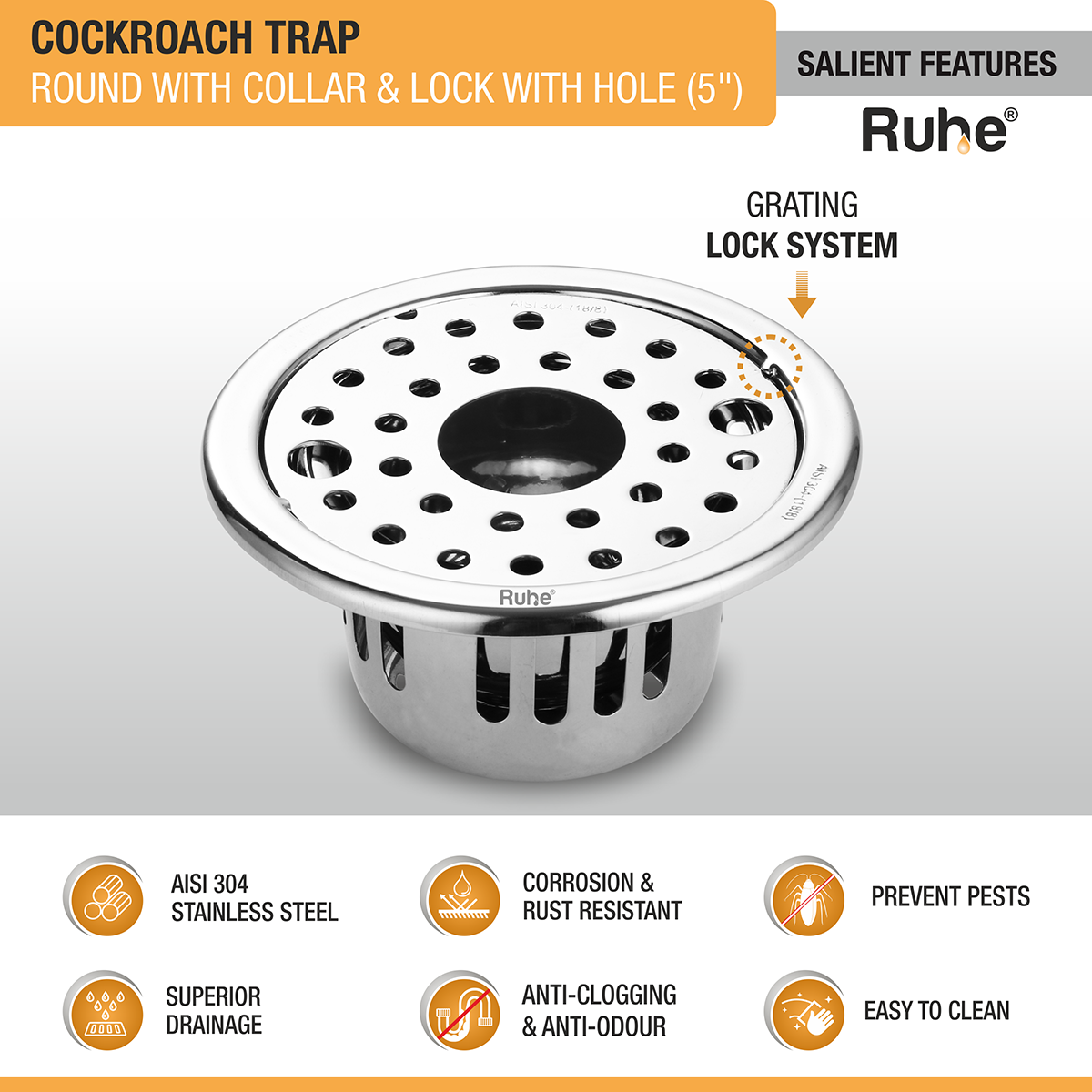 Round 304-Grade Floor Drain with Collar, Lock, Hole & Cockroach Trap (5 Inches) - by Ruhe