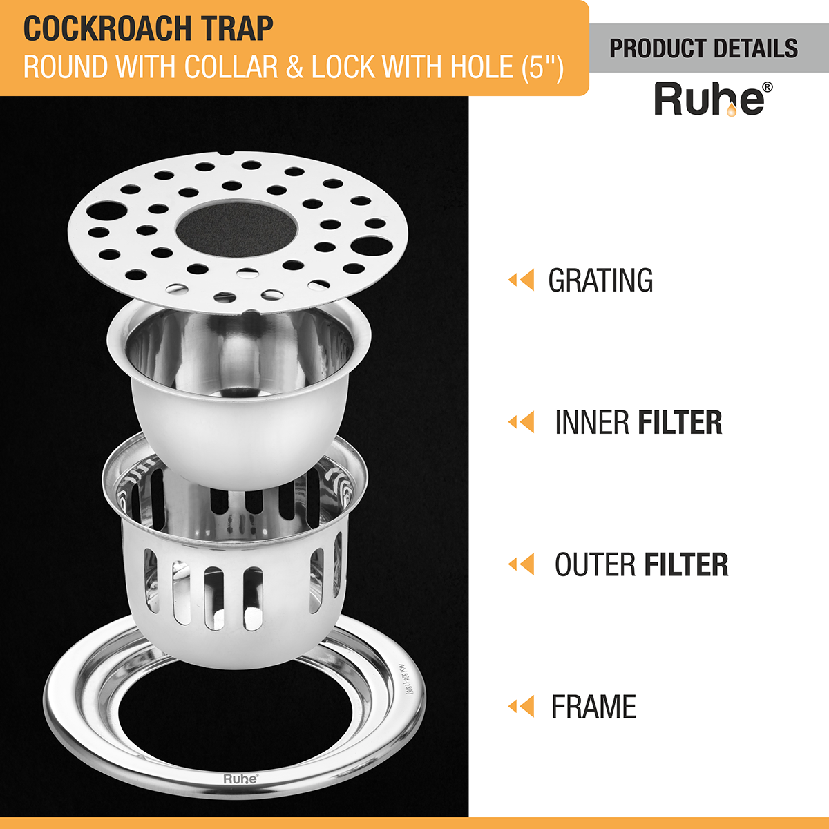 Round 304-Grade Floor Drain with Collar, Lock, Hole & Cockroach Trap (5 Inches) - by Ruhe