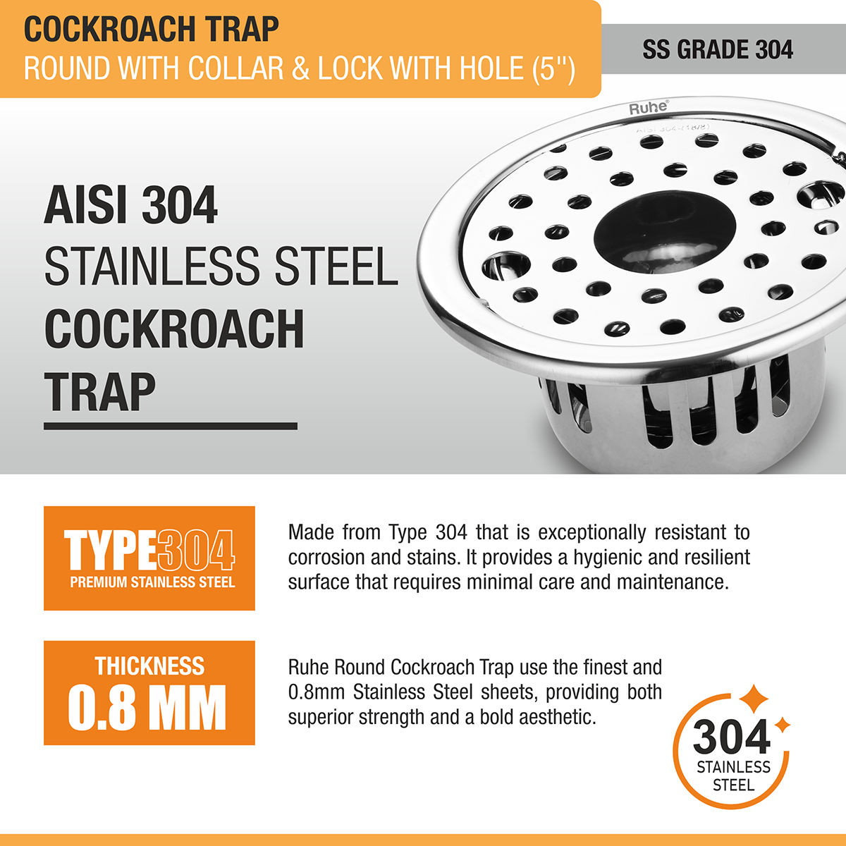 Round 304-Grade Floor Drain with Collar, Lock, Hole & Cockroach Trap (5 Inches) - by Ruhe