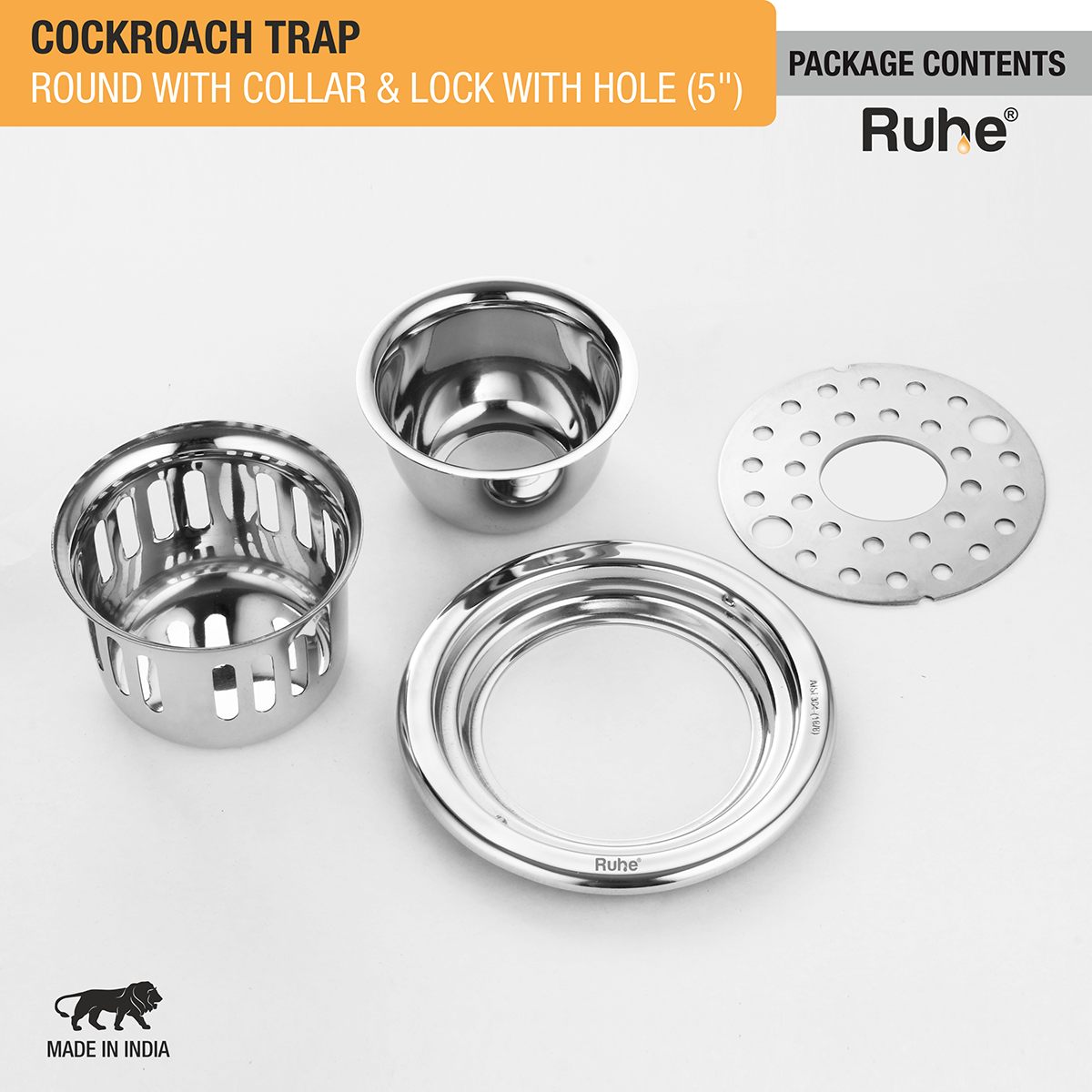 Round 304-Grade Floor Drain with Collar, Lock, Hole & Cockroach Trap (5 Inches) - by Ruhe