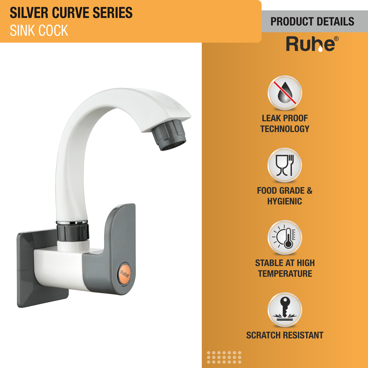 Silver Curve Sink Tap with Swivel Spout PTMT Faucet - by Ruhe®