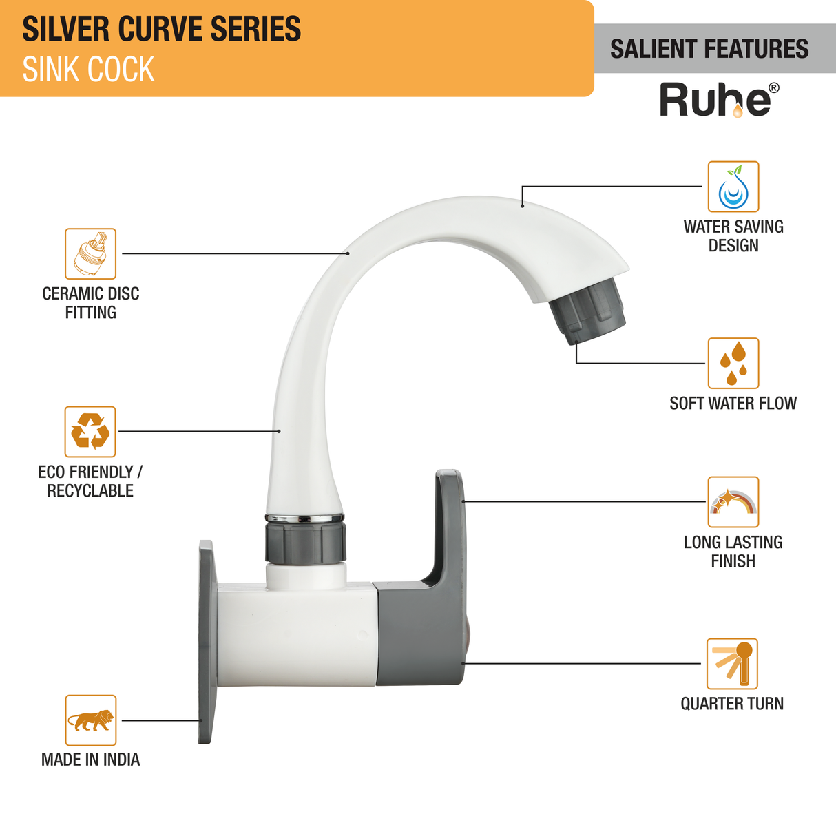 Silver Curve Sink Tap with Swivel Spout PTMT Faucet - by Ruhe®