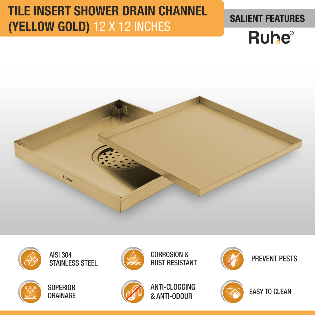 Tile Insert Shower Drain Channel (12 x 12 Inches) YELLOW GOLD PVD Coated - by Ruhe®