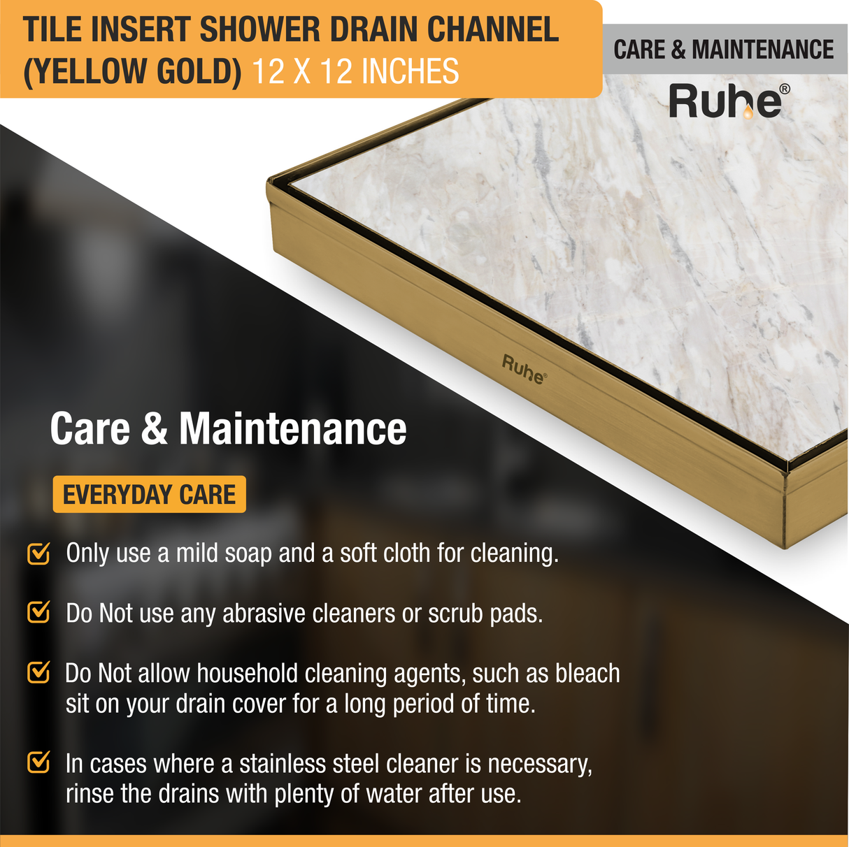 Tile Insert Shower Drain Channel (12 x 12 Inches) YELLOW GOLD PVD Coated - by Ruhe®