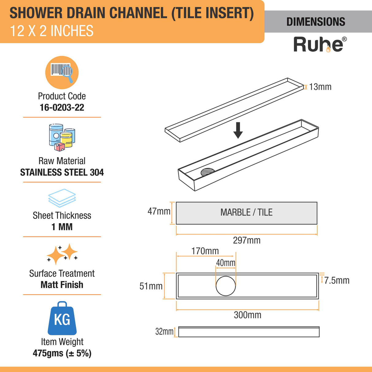 Tile Insert Shower Drain Channel (12 x 2 Inches) (304 Grade) dimensions and size