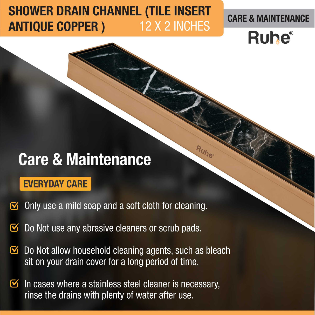 Tile Insert Shower Drain Channel (12 x 2 Inches) ROSE GOLD PVD Coated - by Ruhe®