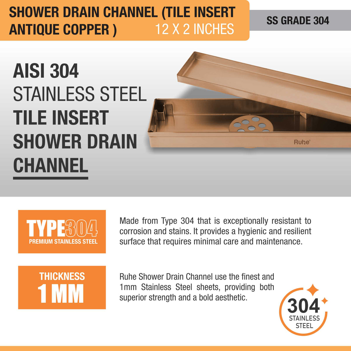 Tile Insert Shower Drain Channel (12 x 2 Inches) ROSE GOLD PVD Coated - by Ruhe®