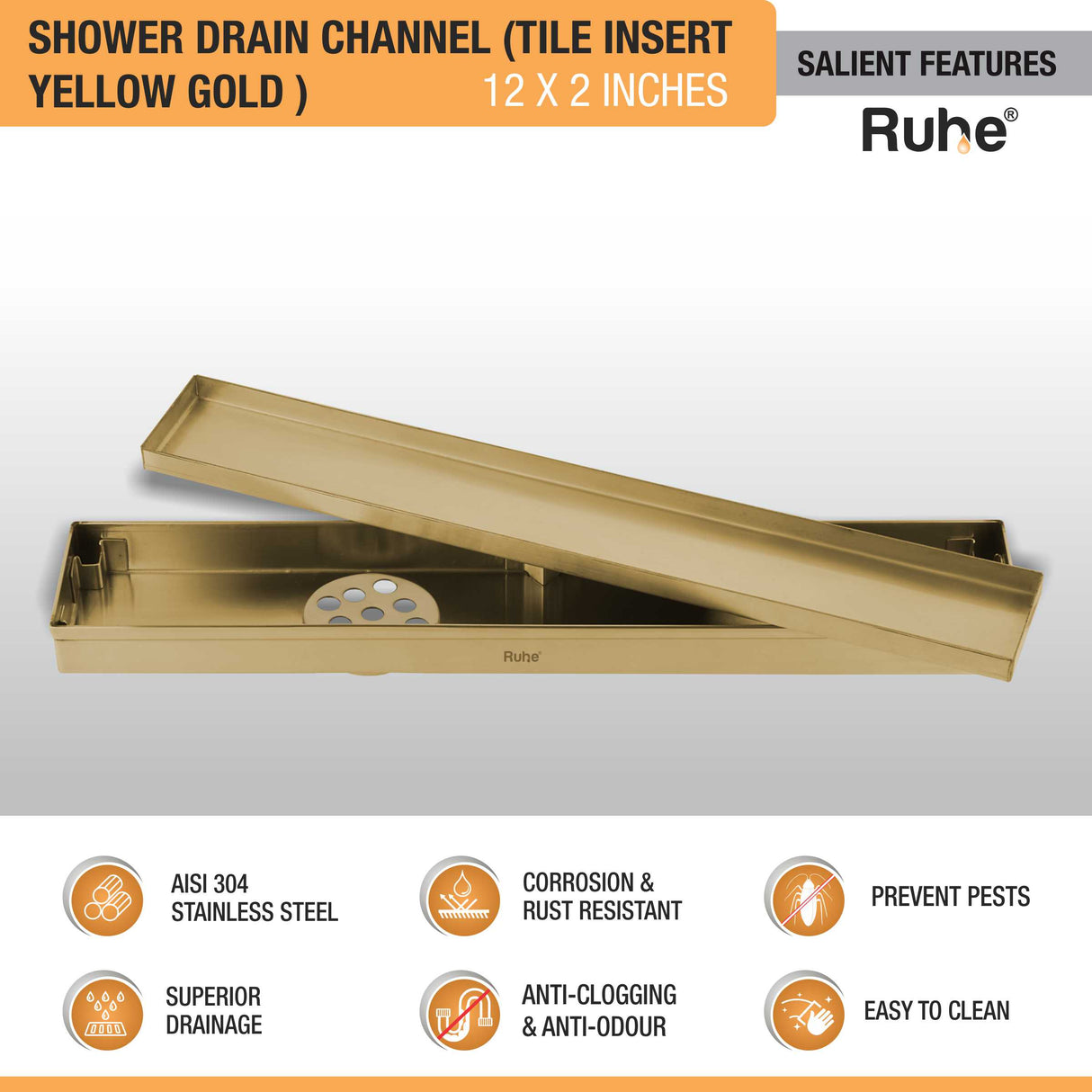 Tile Insert Shower Drain Channel (12 x 2 Inches) YELLOW GOLD PVD Coated - by Ruhe®