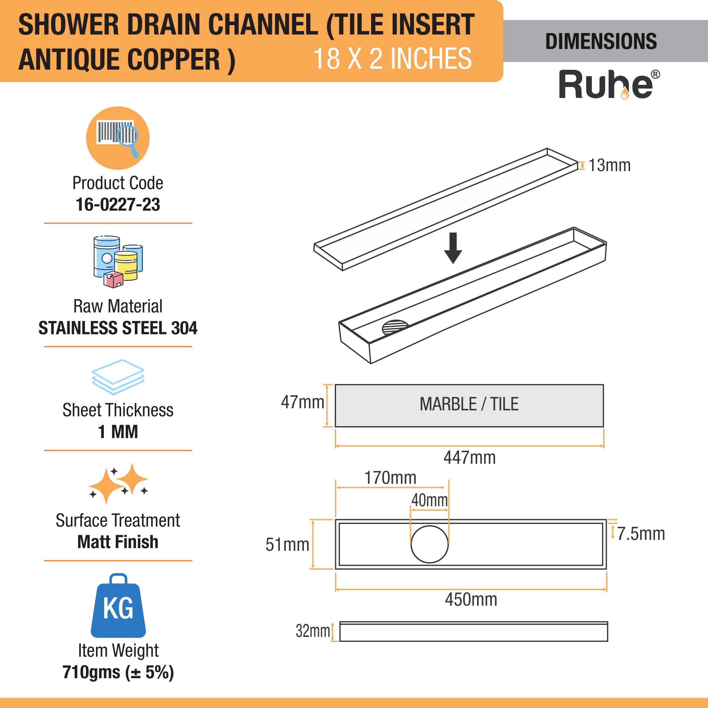 Tile Insert Shower Drain Channel (18 x 2 Inches) ROSE GOLD/ANTIQUE COPPER dimensions and size