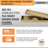 Tile Insert Shower Drain Channel (18 x 2 Inches) YELLOW GOLD stainless steel