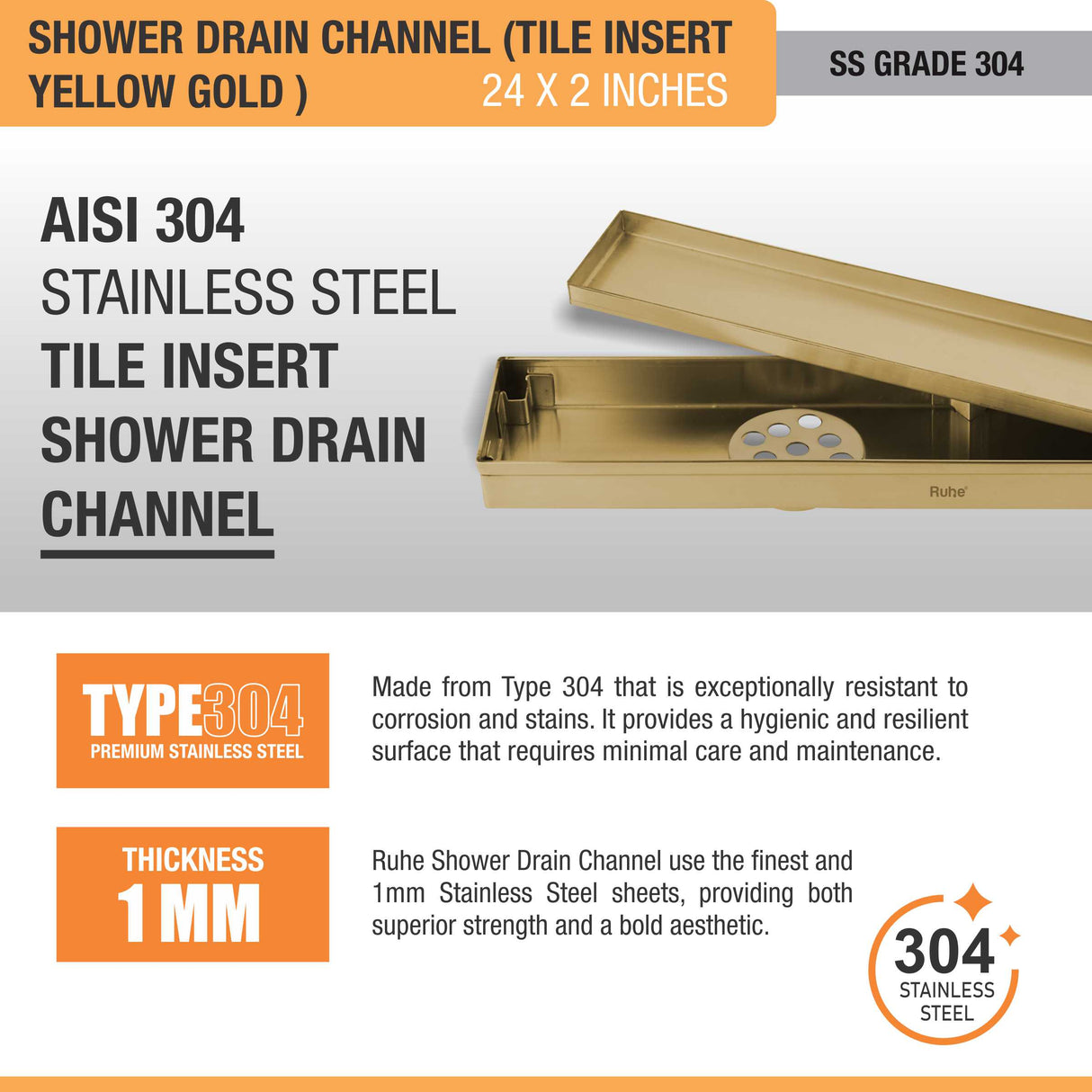 Tile Insert Shower Drain Channel (24 x 2 Inches) YELLOW GOLD PVD Coated - by Ruhe®