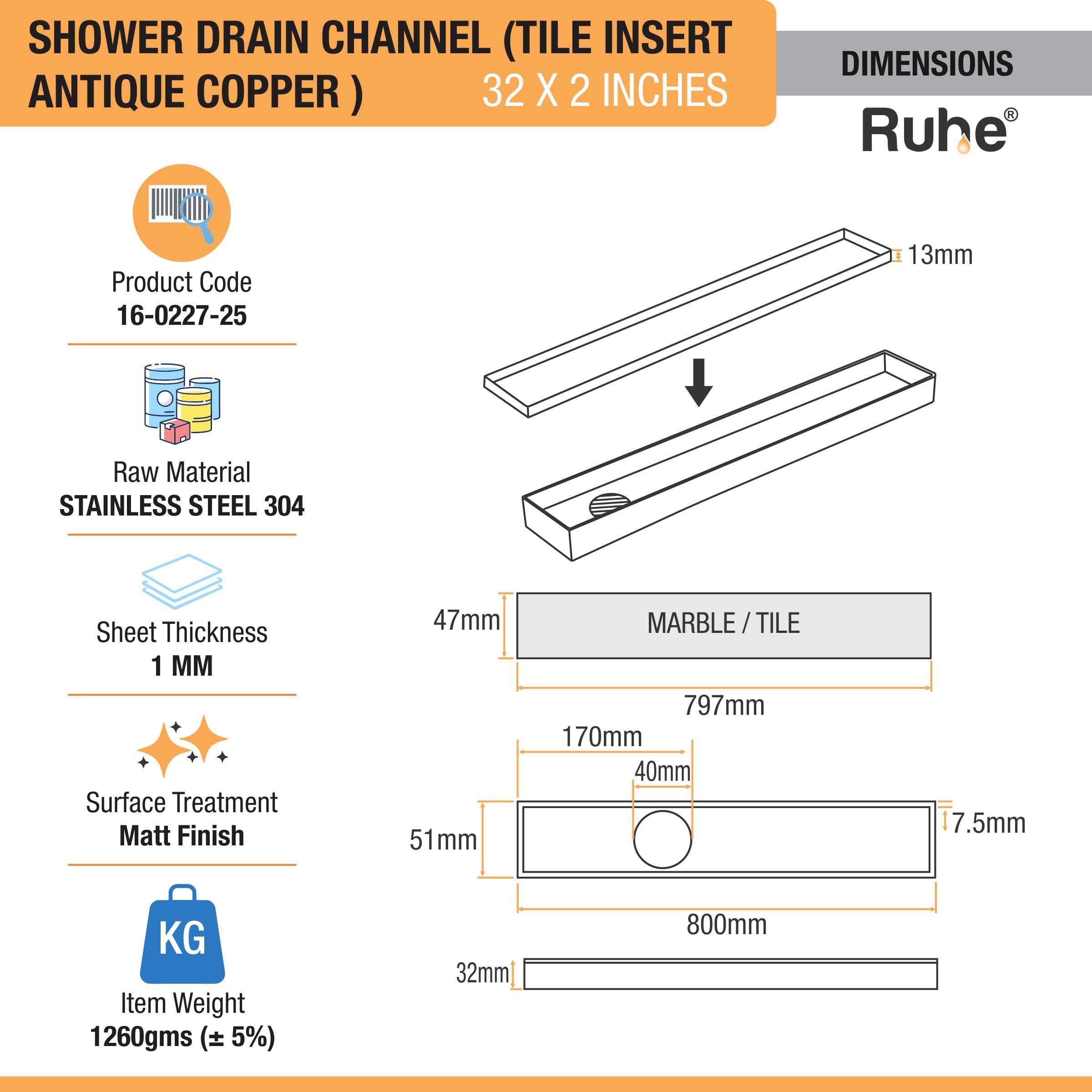 Tile Insert Shower Drain Channel (32 x 2 Inches) ROSE GOLD/ANTIQUE COPPER dimensions and size