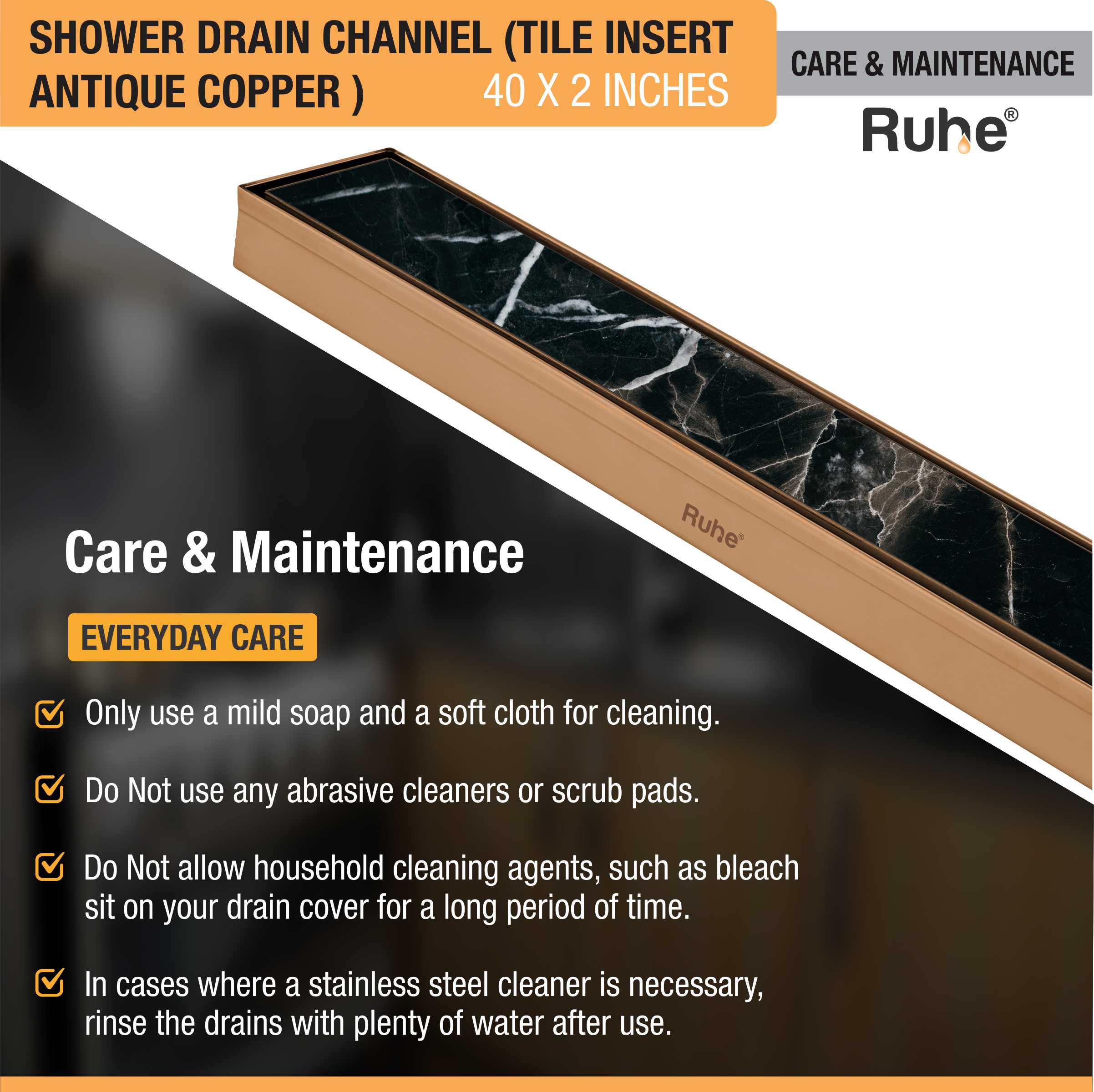 Tile Insert Shower Drain Channel (40 x 2 Inches)ROSE GOLD/ANTIQUE COPPER care and maintenance