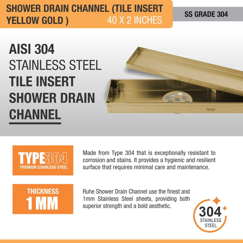Tile Insert Shower Drain Channel (40 x 2 Inches) YELLOW GOLD PVD Coated - by Ruhe