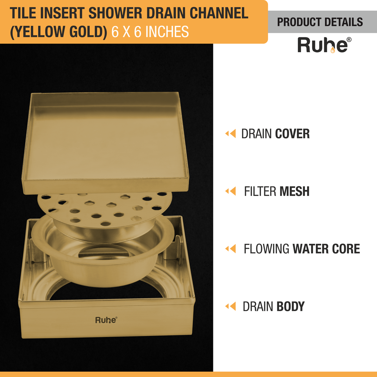 Tile Insert Shower Drain Channel (6 x 6 Inches) YELLOW GOLD PVD Coated - by Ruhe®