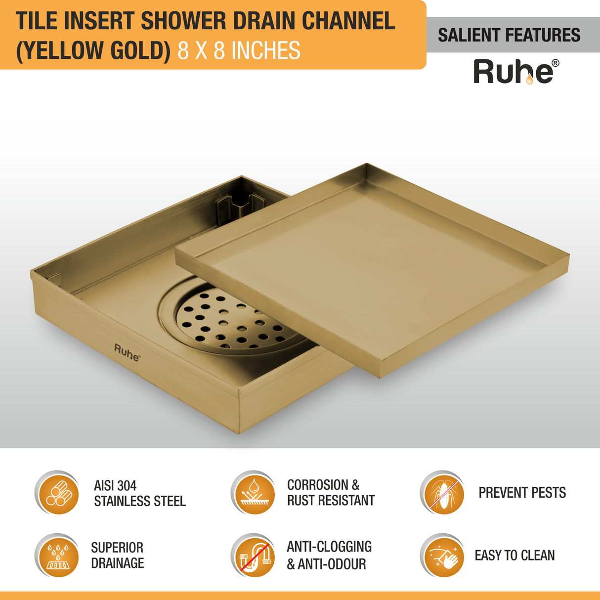 Tile Insert Shower Drain Channel (8 x 8 Inches) YELLOW GOLD PVD Coated - by Ruhe®