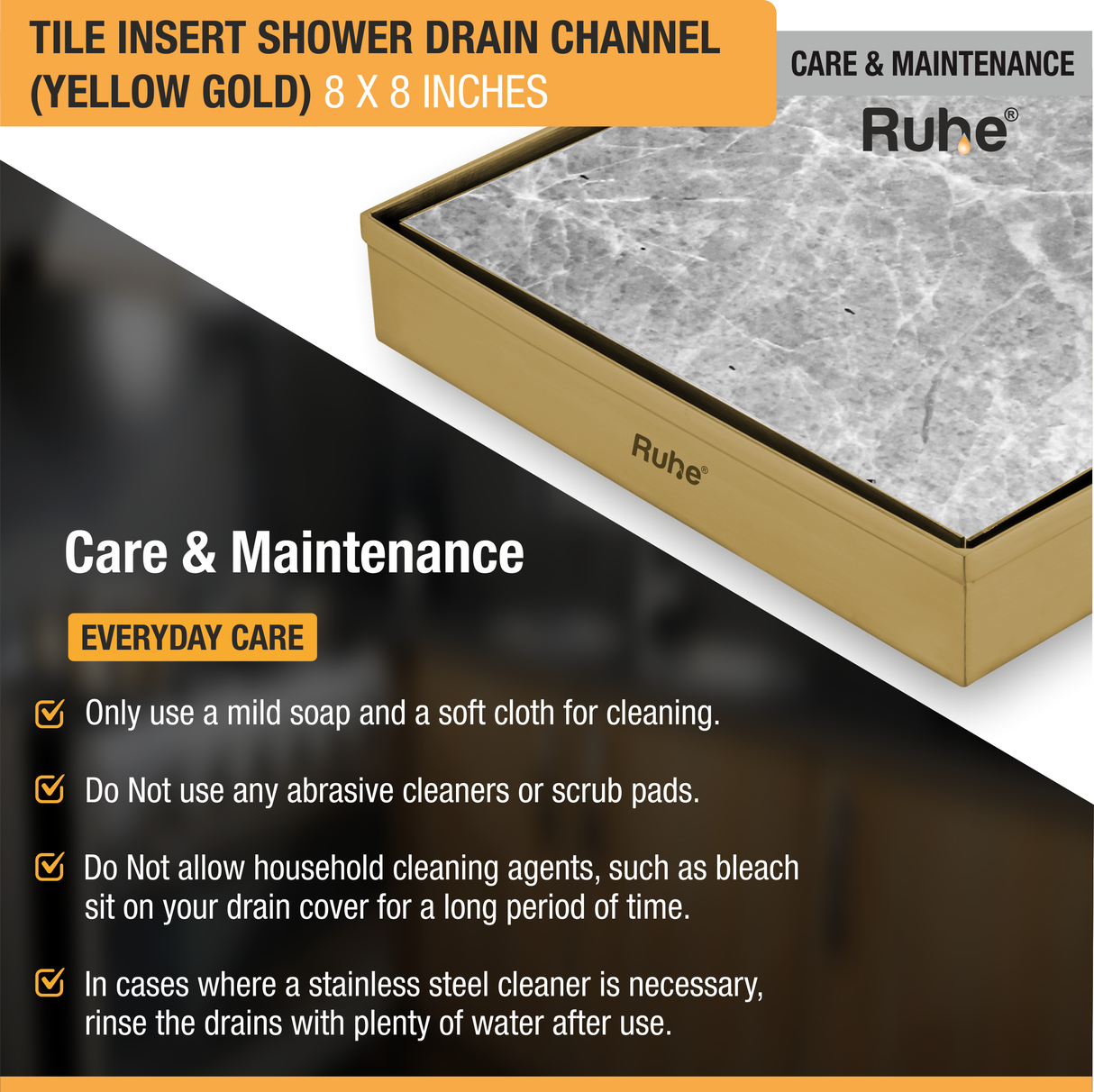 Tile Insert Shower Drain Channel (8 x 8 Inches) YELLOW GOLD PVD Coated - by Ruhe®