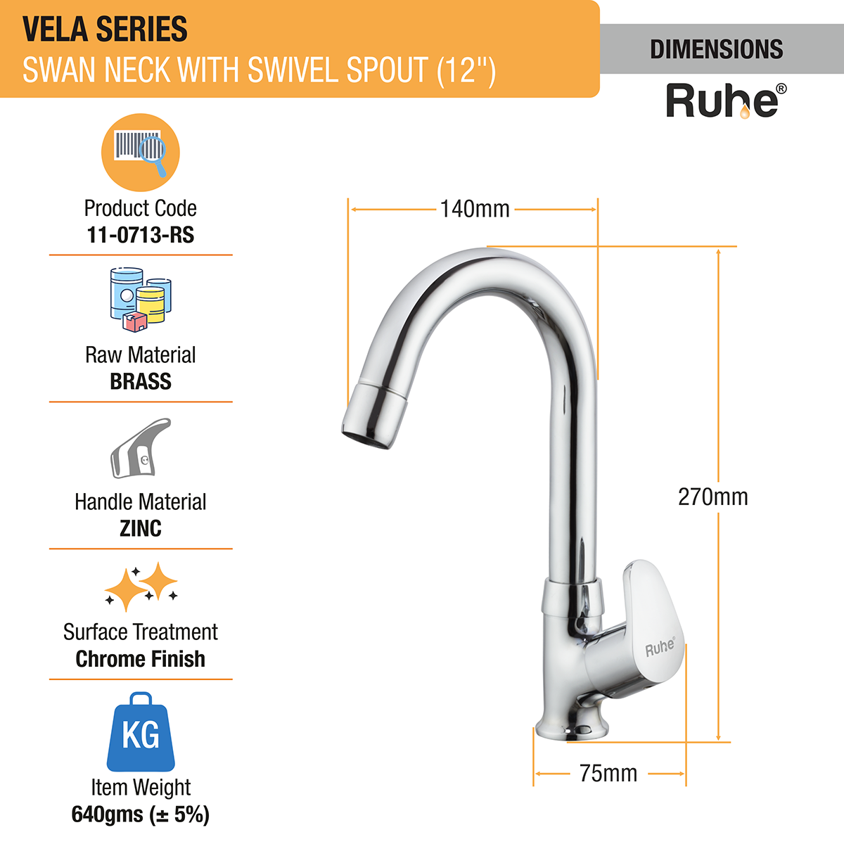Vela Swan Neck with Small (12 inches) Round Swivel Spout Brass Faucet dimensions and size