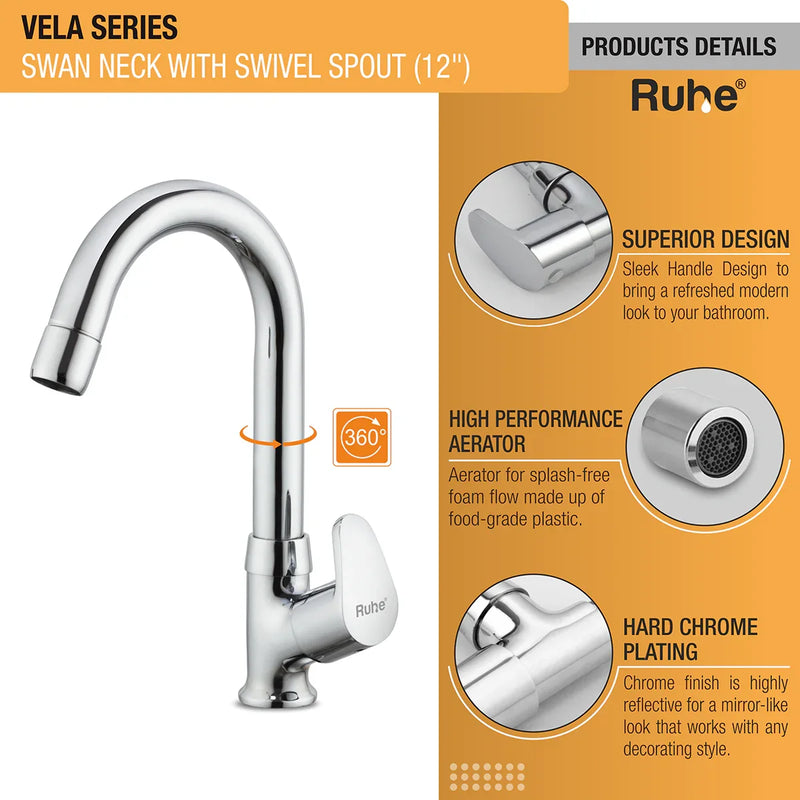 Vela Deck-mount Kitchen Sink Tap with Small Swivel Spout (12") - by Ruhe