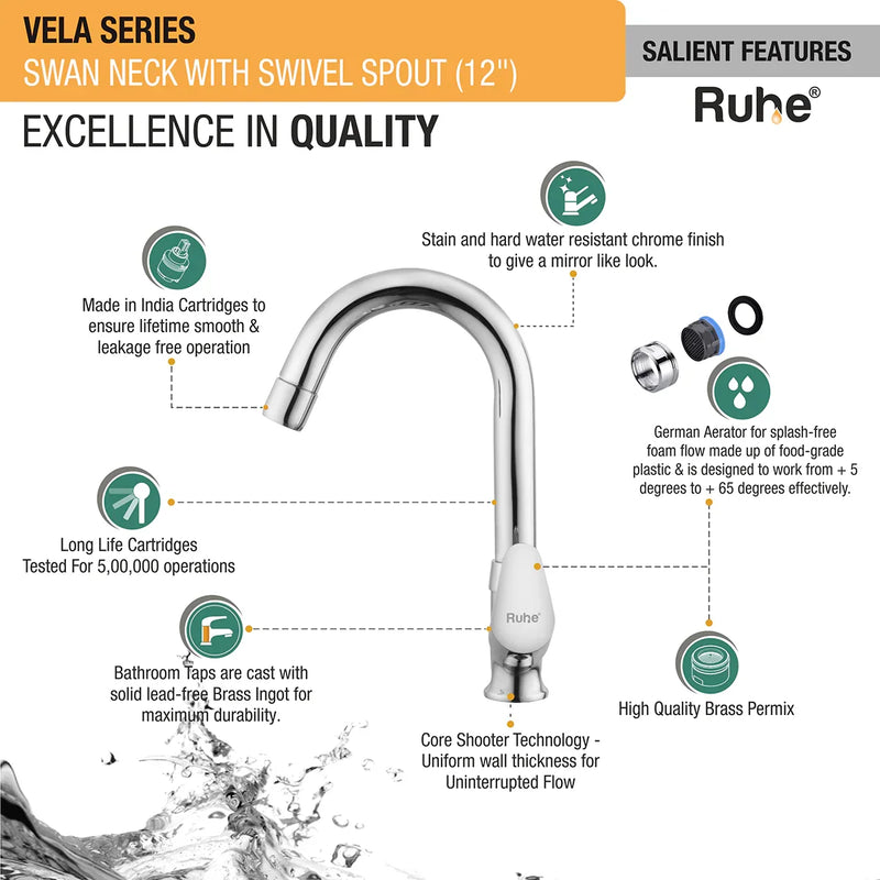 Vela Deck-mount Kitchen Sink Tap with Small Swivel Spout (12") - by Ruhe
