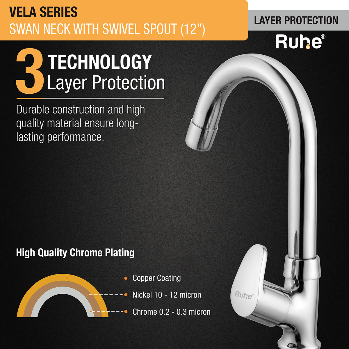 Vela Swan Neck with Small (12 inches) Round Swivel Spout Brass Faucet 3 layer protection