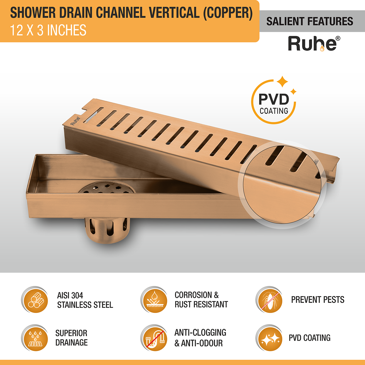 Vertical Shower Drain Channel (12 x 3 Inches) ROSE GOLD PVD Coated - by Ruhe®