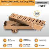 Vertical Shower Drain Channel (12 x 3 Inches) ROSE GOLD/ANTIQUE COPPER features