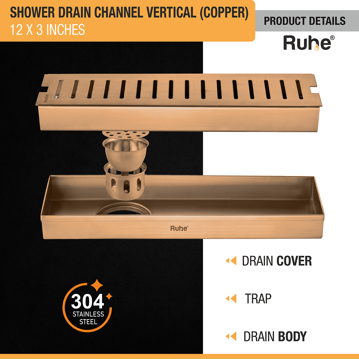 Vertical Shower Drain Channel (12 x 3 Inches) ROSE GOLD PVD Coated - by Ruhe®