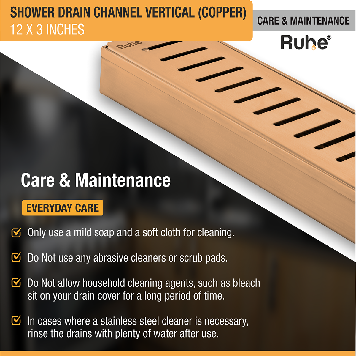 Vertical Shower Drain Channel (12 x 3 Inches) ROSE GOLD PVD Coated - by Ruhe®