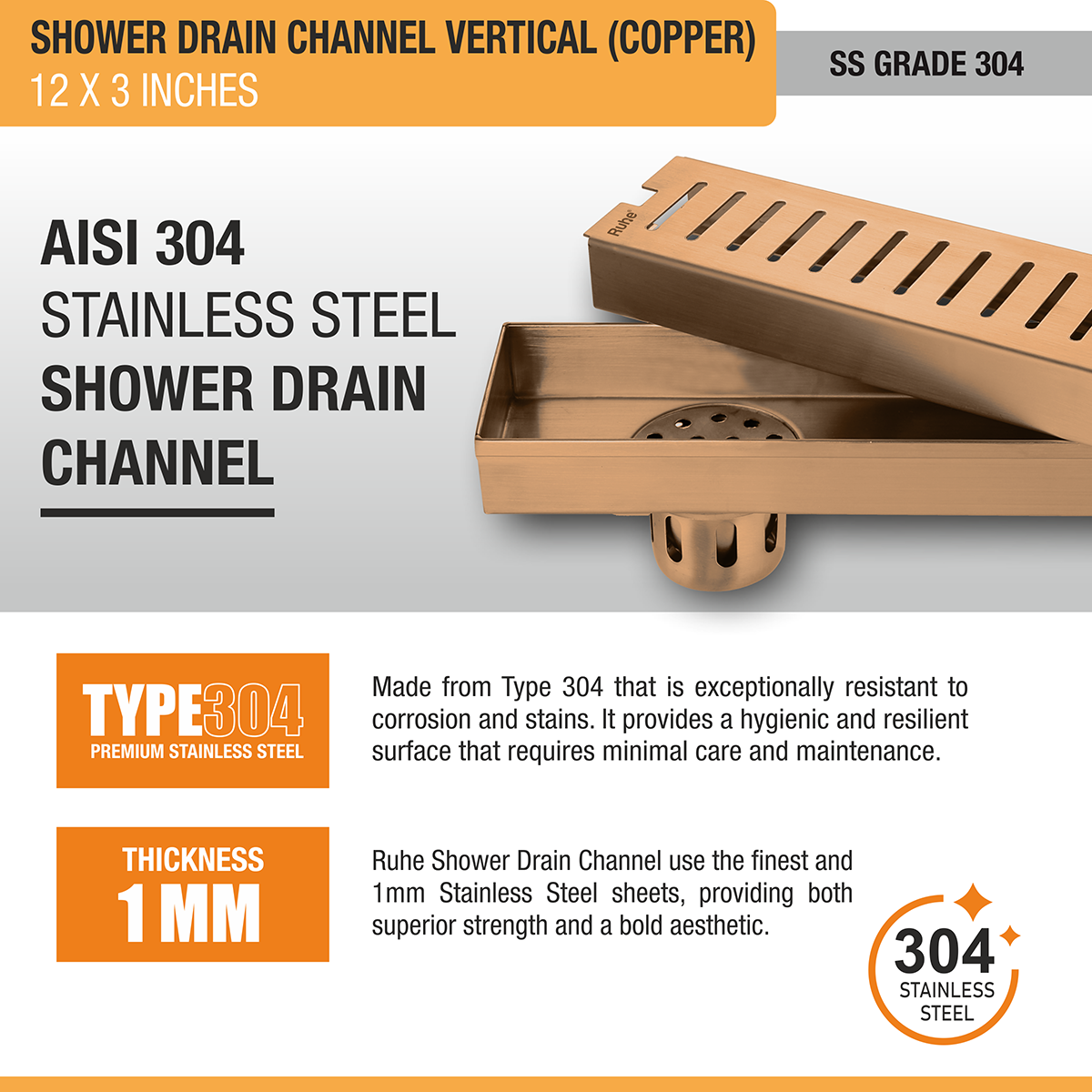 Vertical Shower Drain Channel (12 x 3 Inches) ROSE GOLD PVD Coated - by Ruhe®