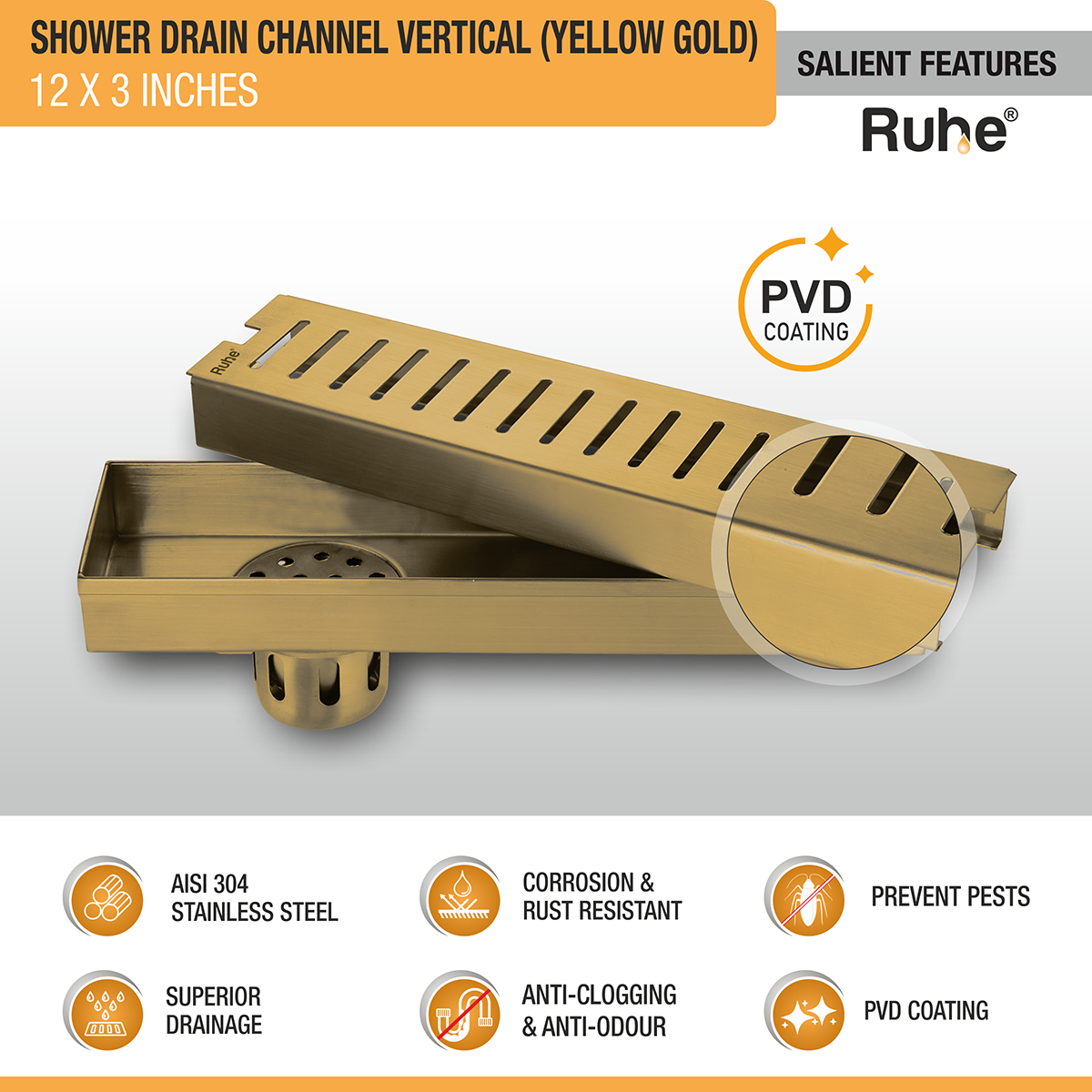 Vertical Shower Drain Channel (12 x 3 Inches) YELLOW GOLD PVD Coated - by Ruhe®