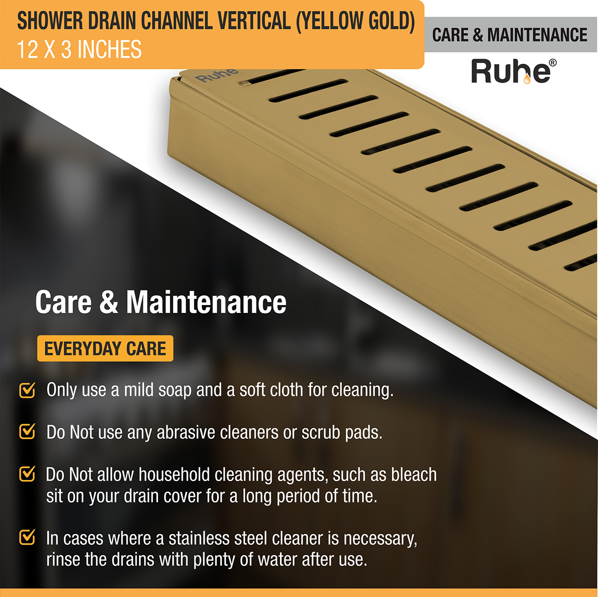 Vertical Shower Drain Channel (12 x 3 Inches) YELLOW GOLD PVD Coated - by Ruhe®