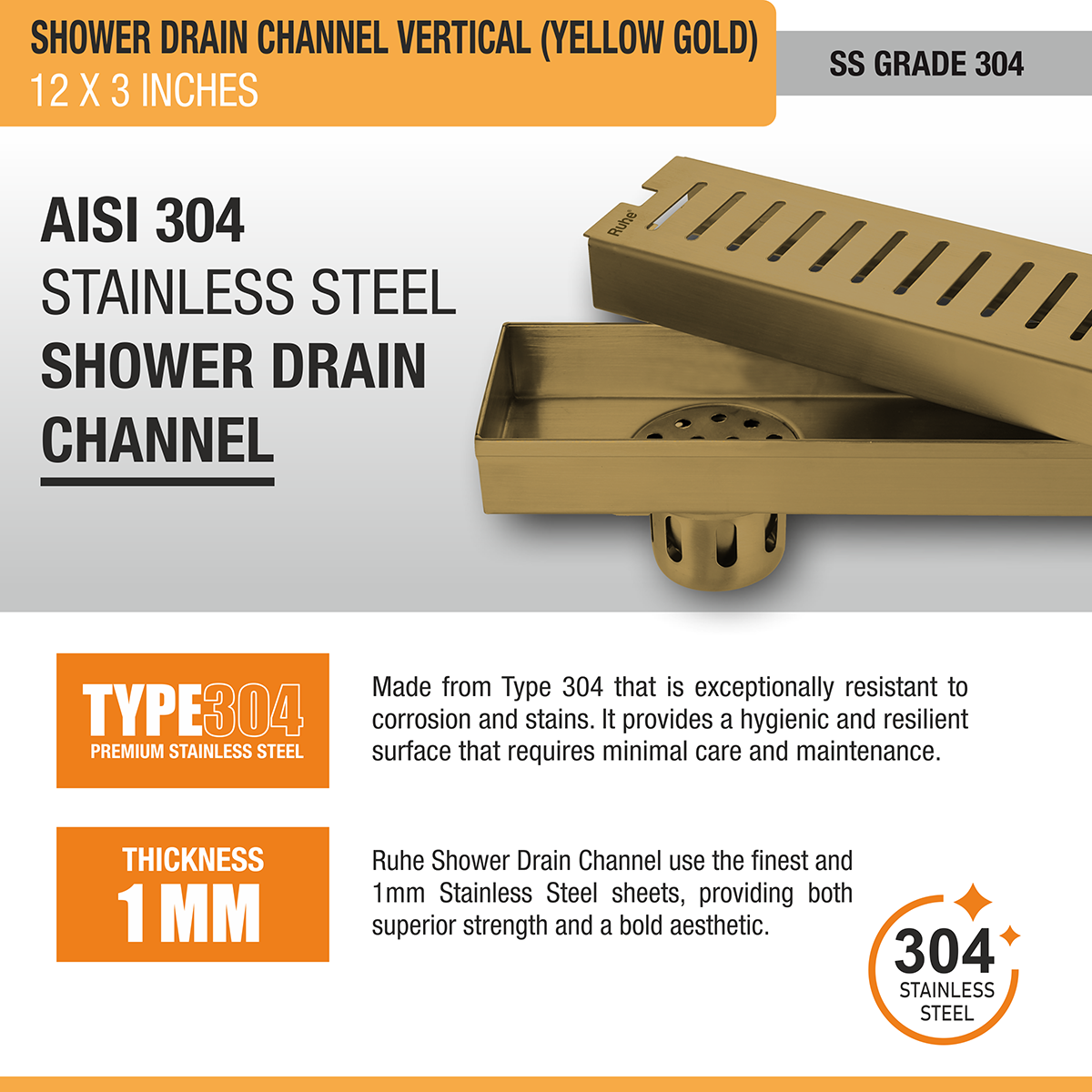 Vertical Shower Drain Channel (12 x 3 Inches) YELLOW GOLD PVD Coated - by Ruhe®