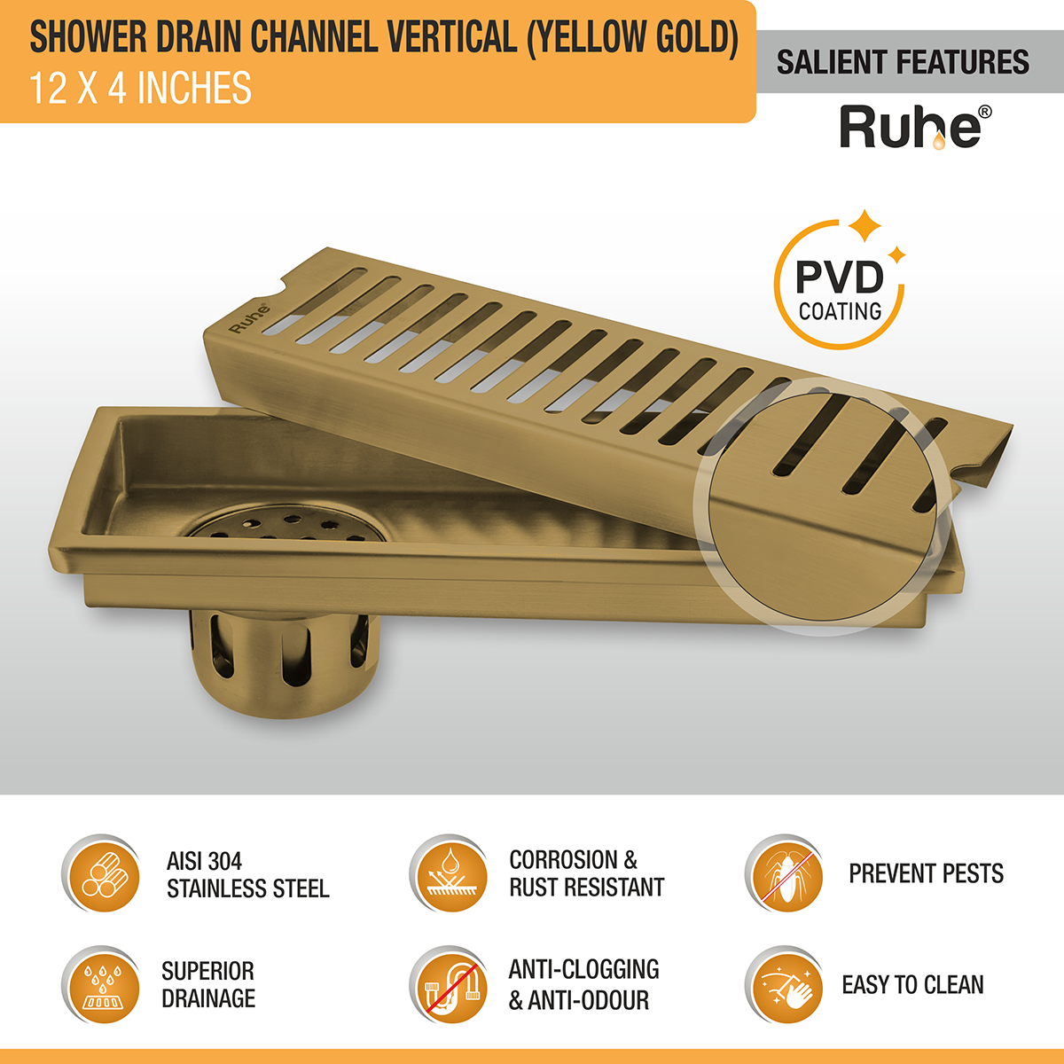 Vertical Shower Drain Channel (12 x 4 Inches) YELLOW GOLD PVD Coated - by Ruhe®