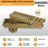 Vertical Shower Drain Channel (12 x 4 Inches) YELLOW GOLD features