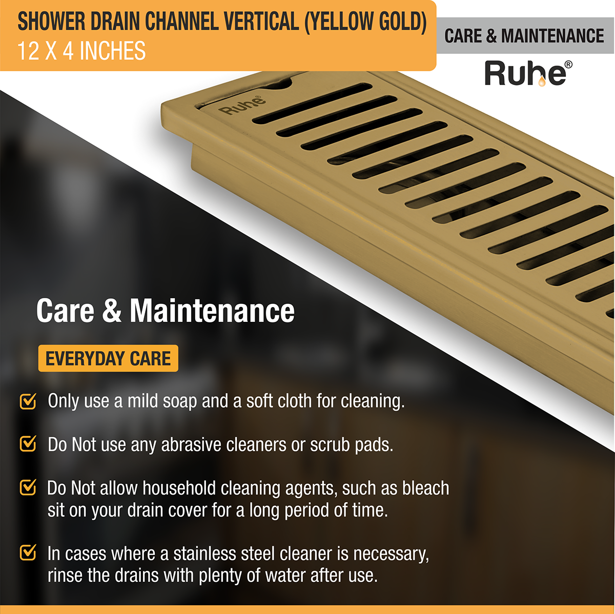 Vertical Shower Drain Channel (12 x 4 Inches) YELLOW GOLD PVD Coated - by Ruhe®