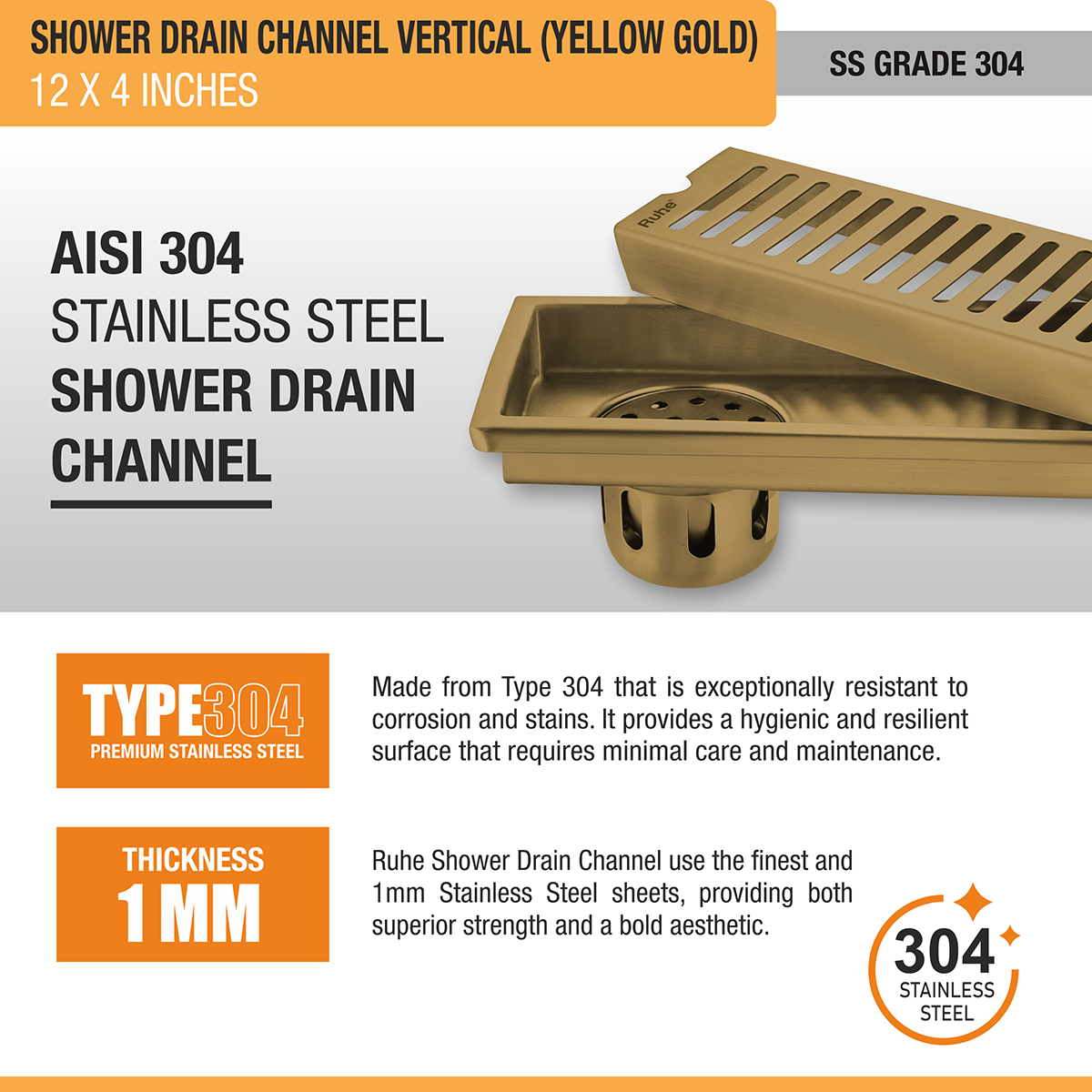 Vertical Shower Drain Channel (12 x 4 Inches) YELLOW GOLD PVD Coated - by Ruhe®