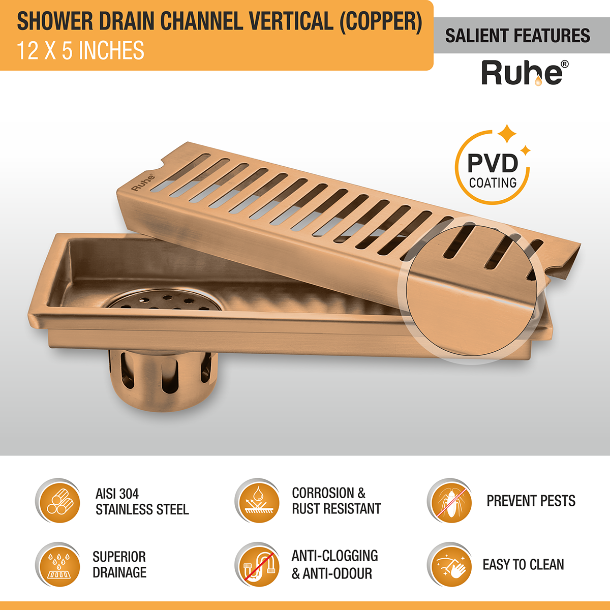 Vertical Shower Drain Channel (12 x 5 Inches) ROSE GOLD PVD Coated - by Ruhe®