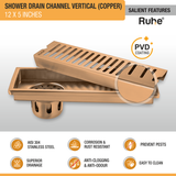 Vertical Shower Drain Channel (12 x 5 Inches) ROSE GOLD/ANTIQUE COPPER features