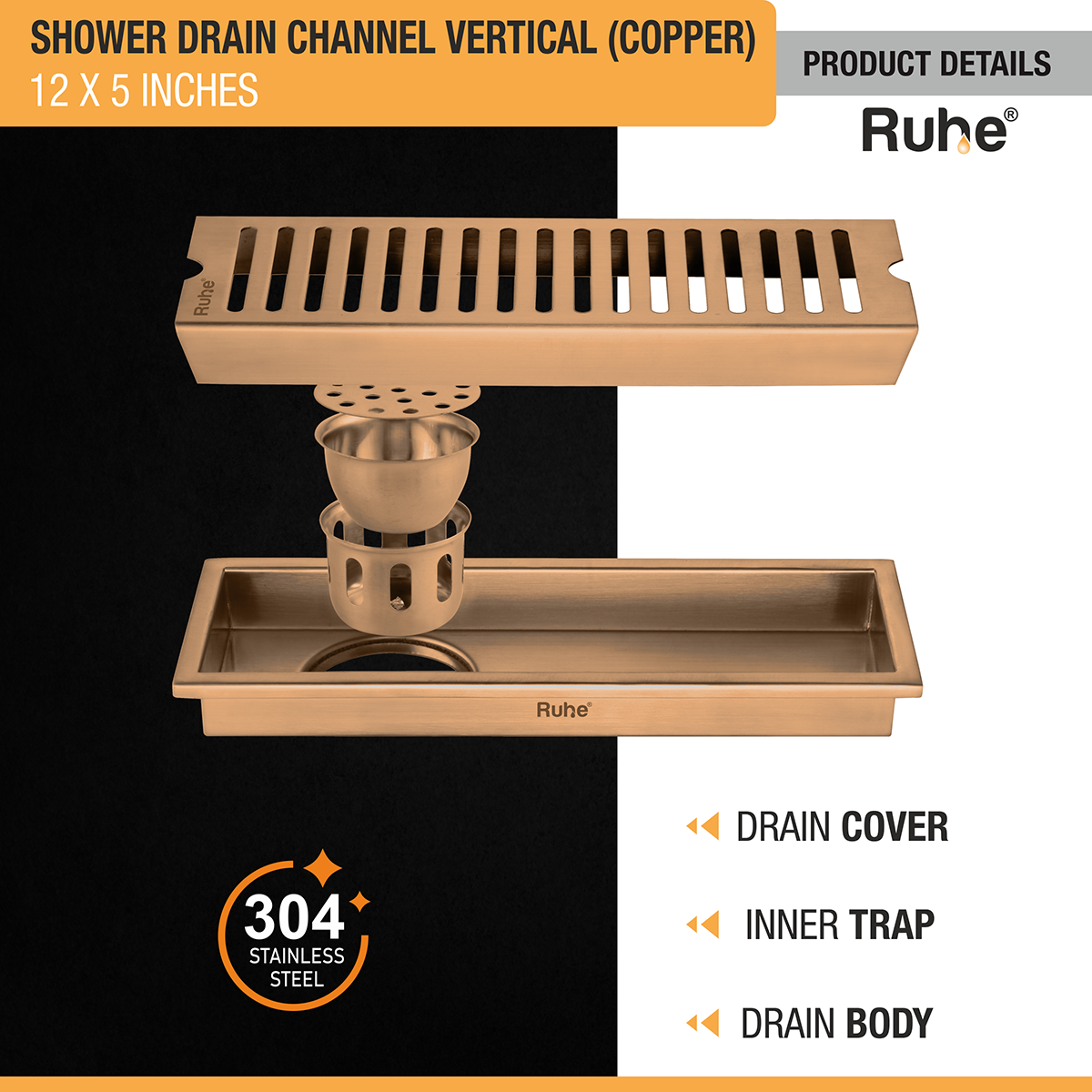 Vertical Shower Drain Channel (12 x 5 Inches) ROSE GOLD PVD Coated - by Ruhe®