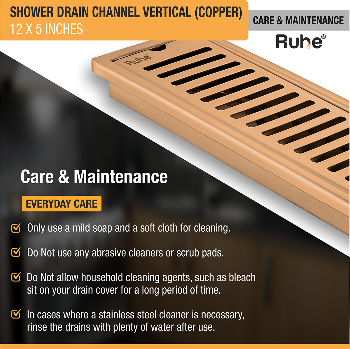 Vertical Shower Drain Channel (12 x 5 Inches) ROSE GOLD PVD Coated - by Ruhe®