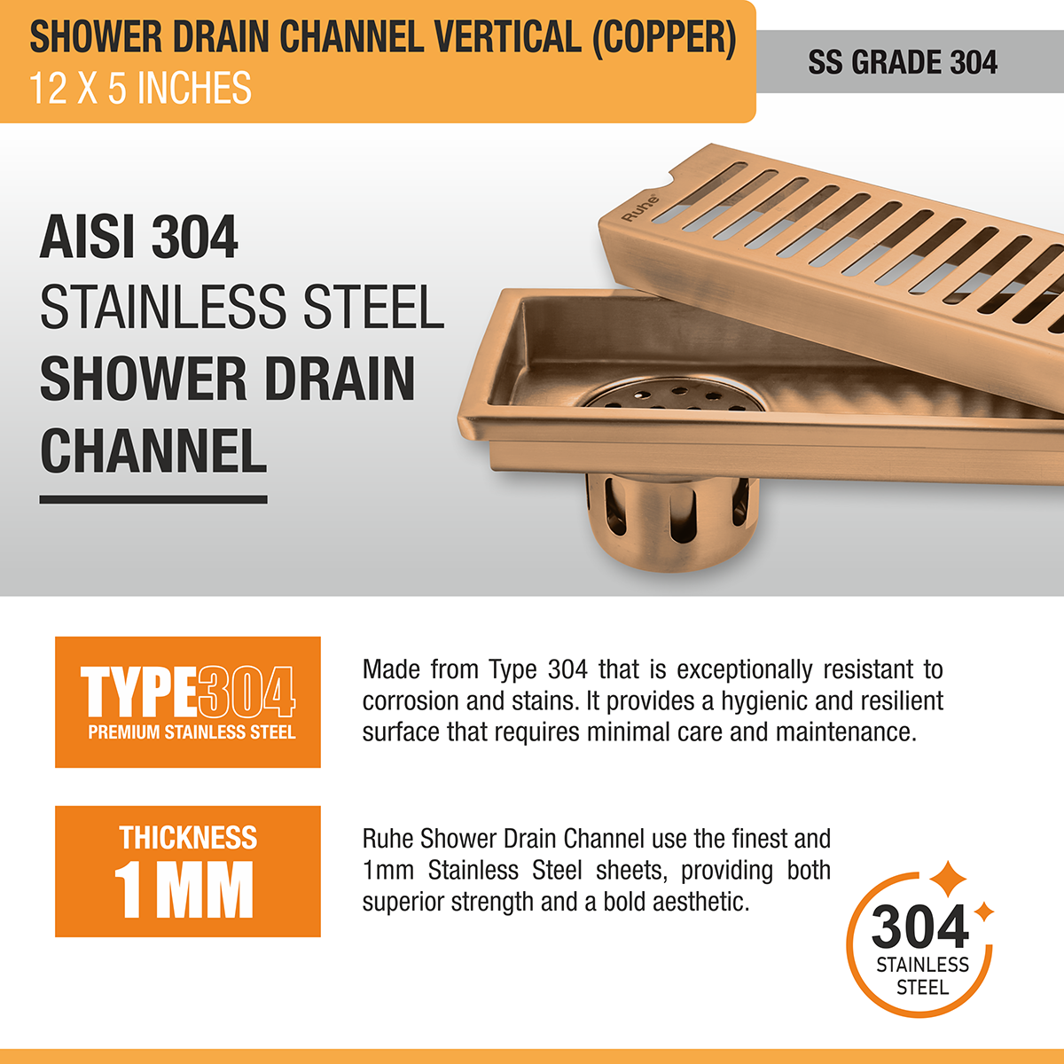 Vertical Shower Drain Channel (12 x 5 Inches) ROSE GOLD PVD Coated - by Ruhe®